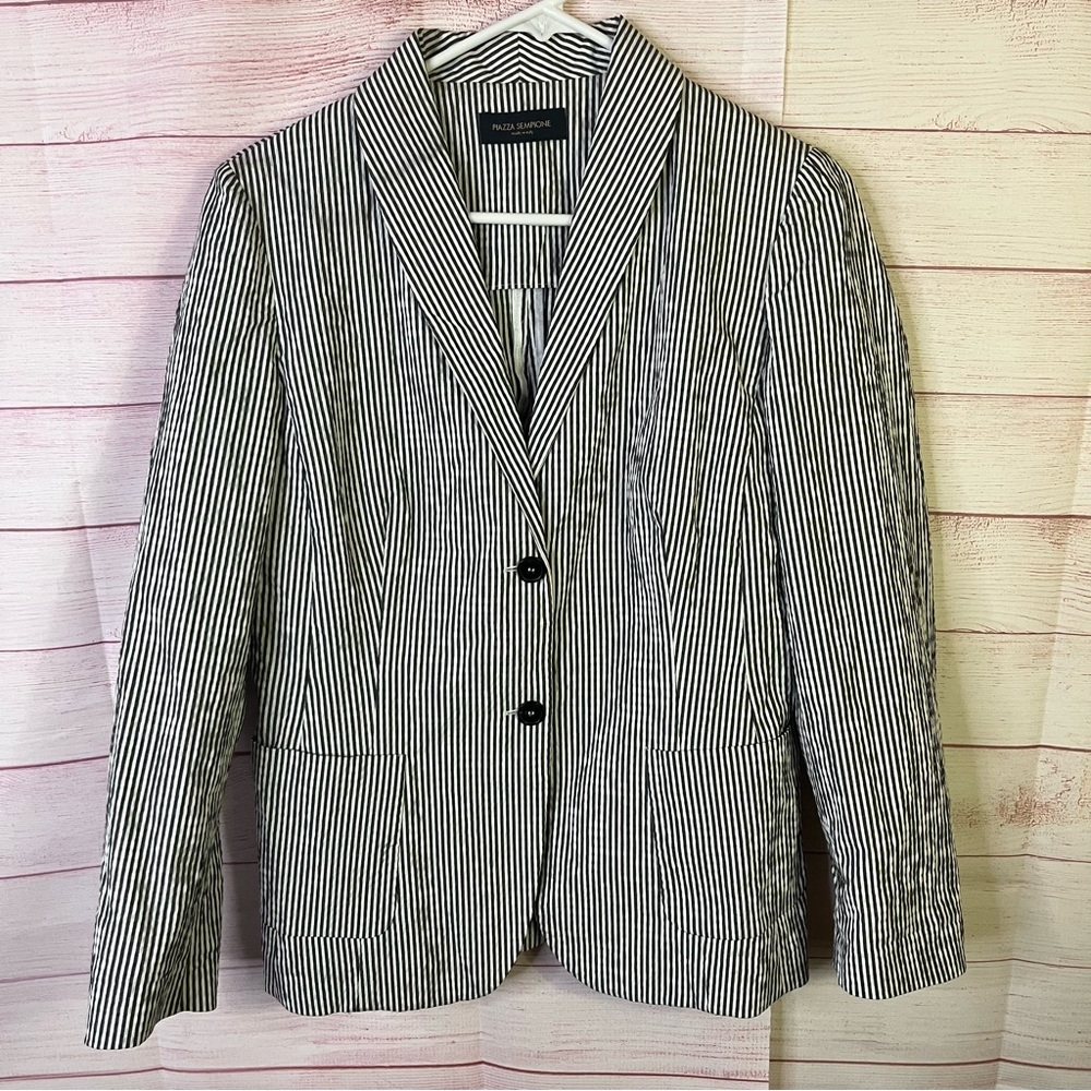 Piazza Sempione Made in Italy Black White Seersucker Striped Blazer Size 42